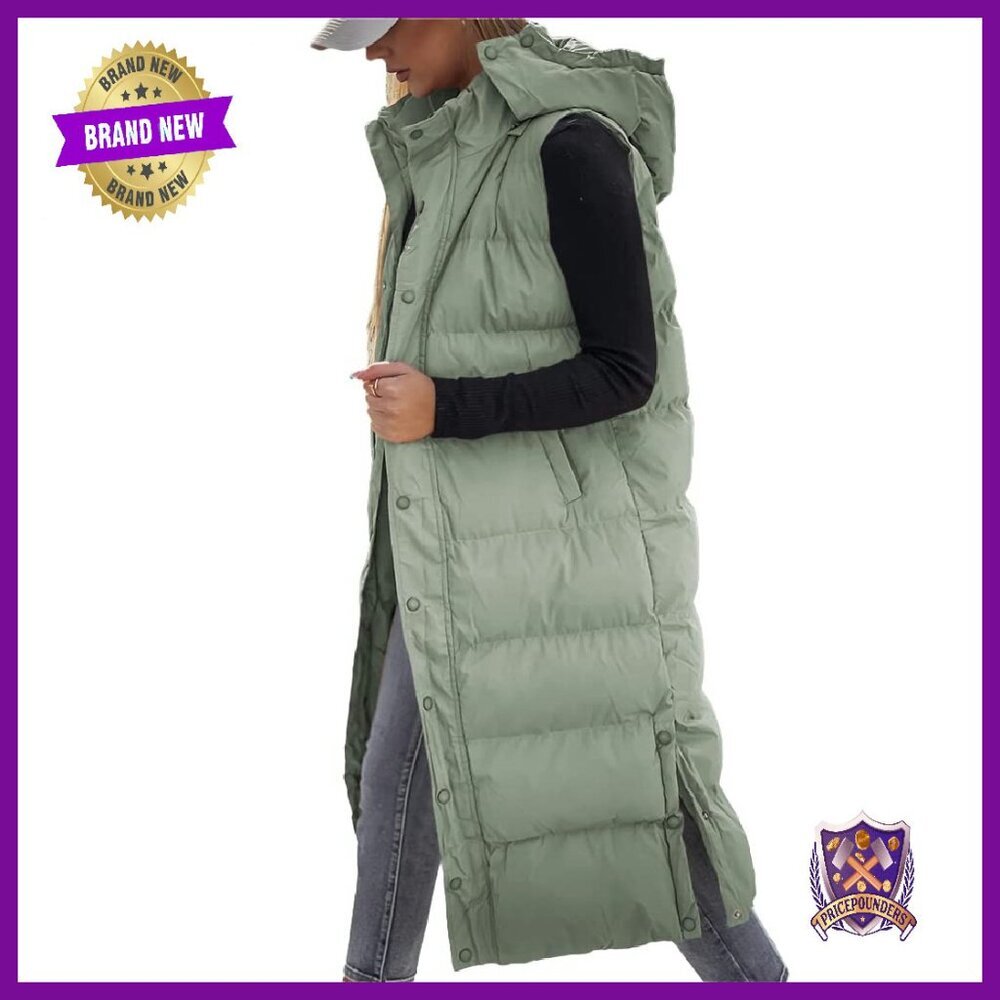 Women's Long Puffer Vest Hooded Sleeveless Winter Coat Quilted Warm Zip Up